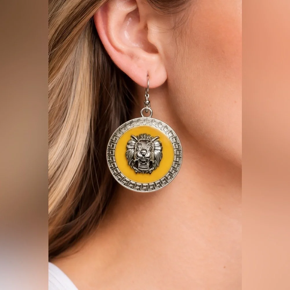 Lion Head Medallion Dangle Earrings | Yellow Enamel Statement Earrings